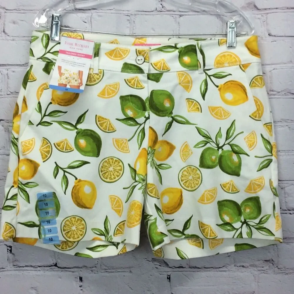 Isaac Mizrahi Tailored Shorts Women Sz 10 Lemon Lime Print Chino Flat Front NWT